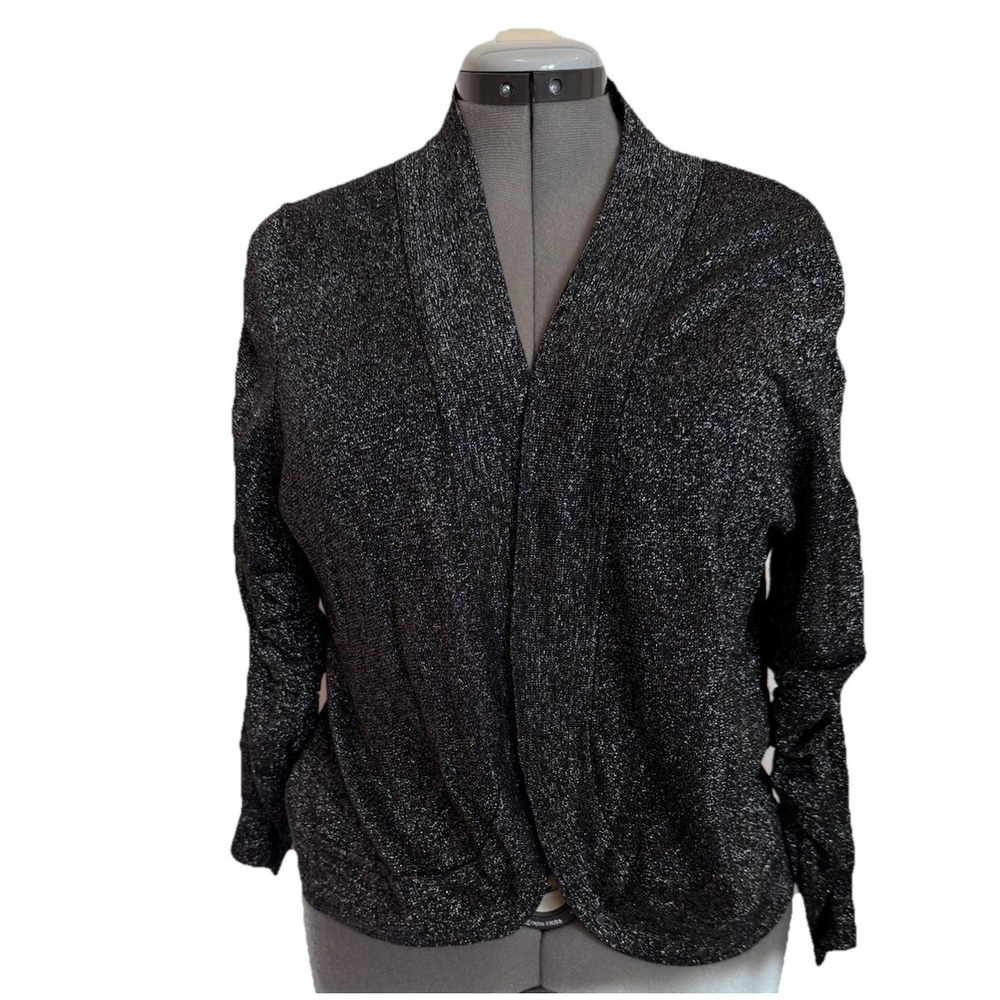 Peter Nygard Cardigan Open Front Silver Metallic Dressy Rushed Sleeves NWT Sz 1X